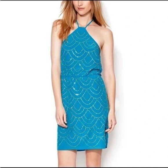 Trina Turk Dresses & Skirts - Trina Turk Silk Turquoise Gold Studded Halter Dress Size 6
